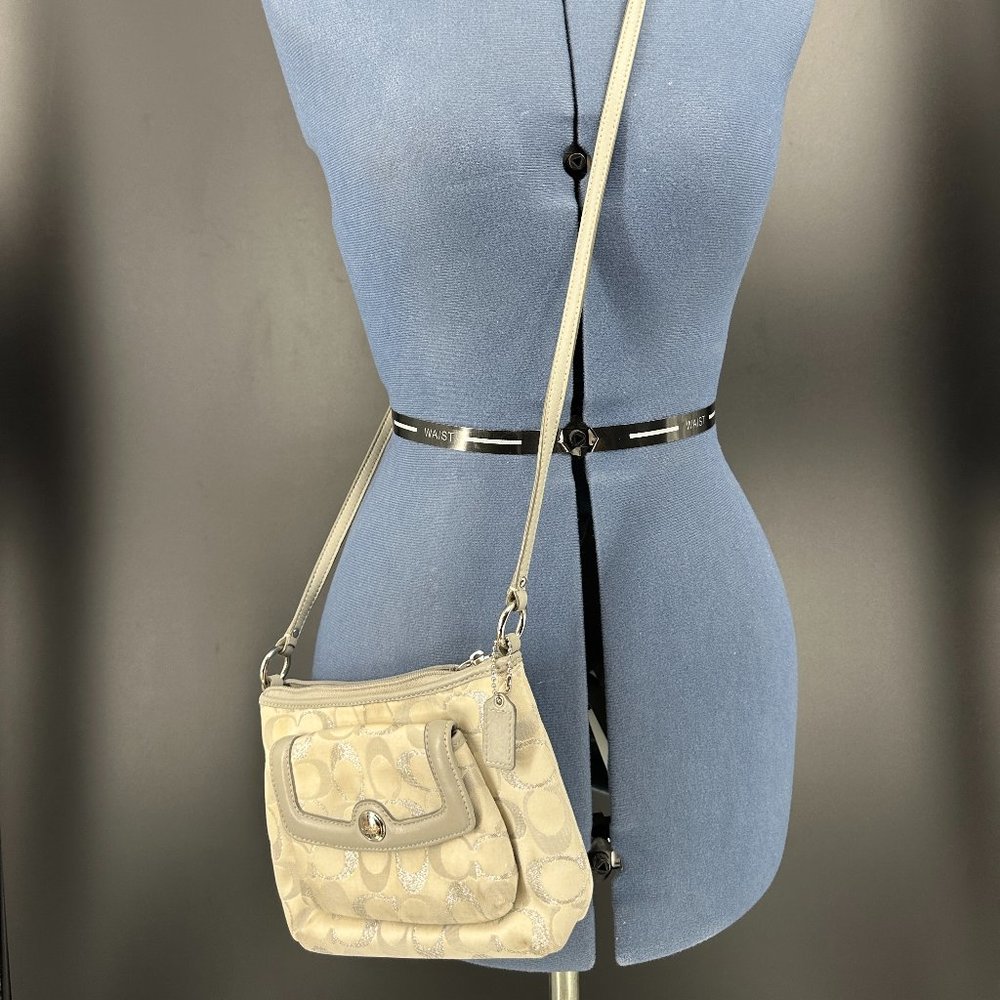 Coach crossbody light gray and silver canvas and leather bag Y2K monogram print